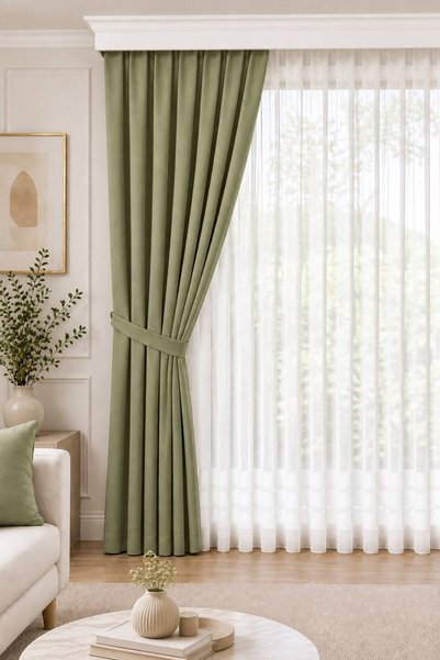BURCIN HOME 1/3 Regular Pleated Background Curtain Sage Green 100X250 cm (260/270 Length Options) Single Panel Soft Fabric Modern Decorative Living Room Curtain