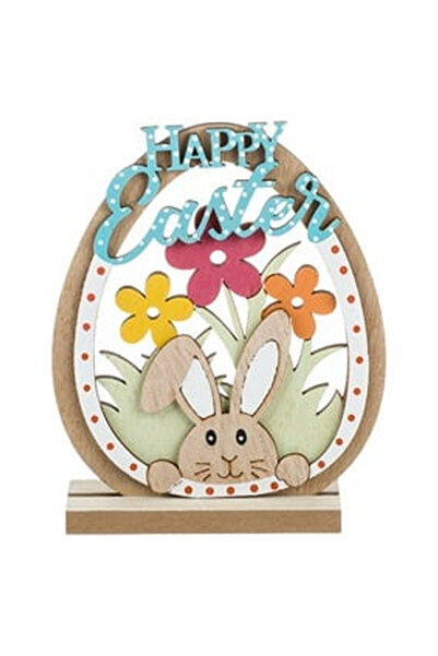 OEM Decoratiune din Lemn de Paste Ou Cap de Iepure Flori "Happy Easter"" 12x4...