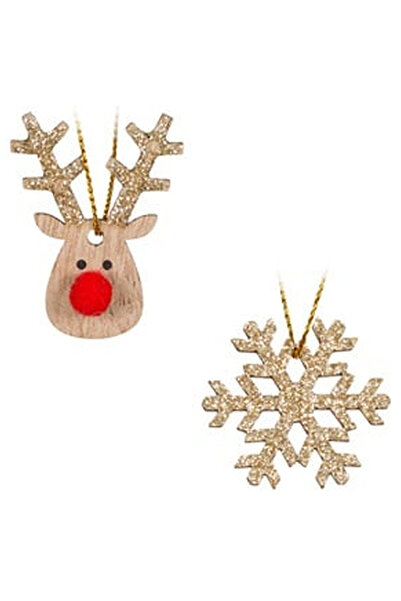 OEM Ornamente de Lemn pentru Brad de Craciun Fulgi Cerbi Glitter 4cm - 8buc