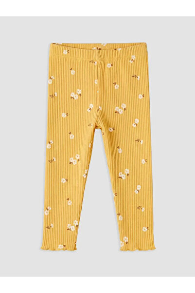 LC Waikiki Lcw Baby Yellow Floral Patterned Ribbed Baby Girl Leggings