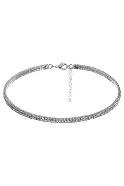 OEM Colier Choker de Culoare Argintie cu Doua Randuri & Stras Argintiu
