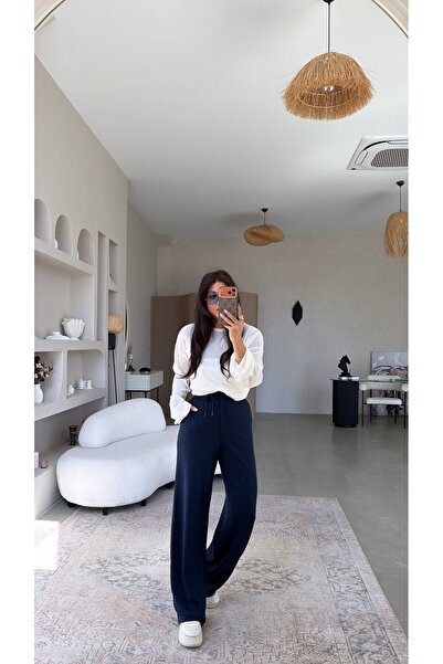 Buket Teke Navy Blue Modal Drawstring Elastic Pants