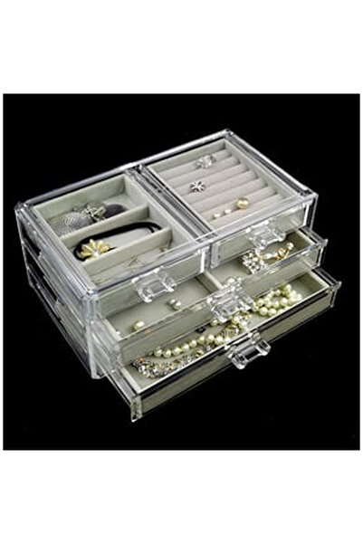 OEM Suport Organizator Transparent Acrilic Gri Velvet cu 4 Spatii pentru Biju...