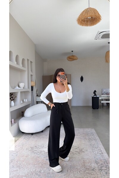 Buket Teke Black Modal Drawstring Elastic Pants