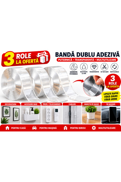 Generic Brand Set 3 Role Bandă Dublu Adezivă Transparentă, Aderență Puternică...