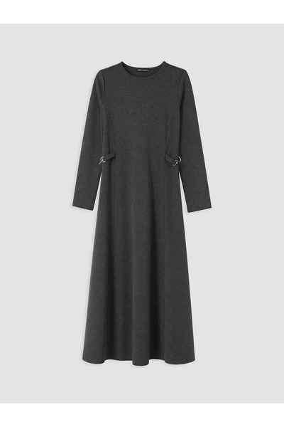 LC Waikiki LCW Modest Antrasit Bisiklet Yaka Toka Detaylı Elbise