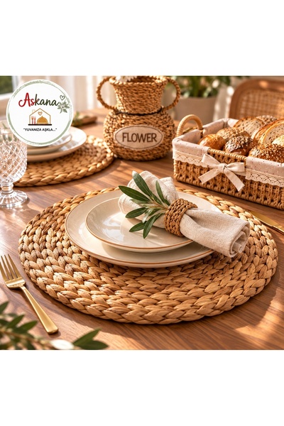 Aşkana yuvanıza aşkla... Aşkan'A 4-Piece Handmade Thick Knitted Bamboo Straw Placemat 35 cm – 100% Natural American Placemat Decorative Jute Tableware Presentation Set