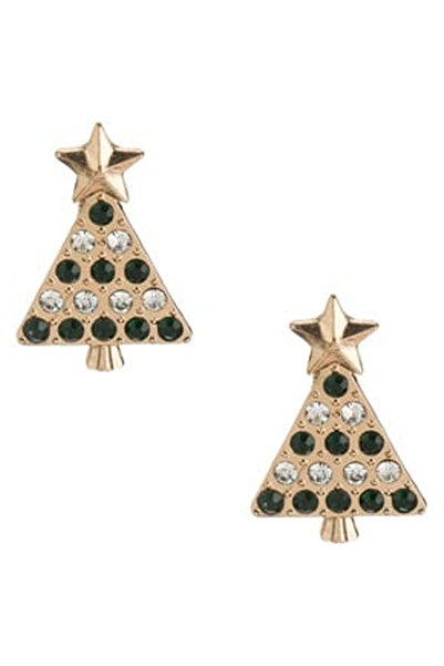 OEM Gold-Colored Christmas Tree Earrings with Green and White Strass