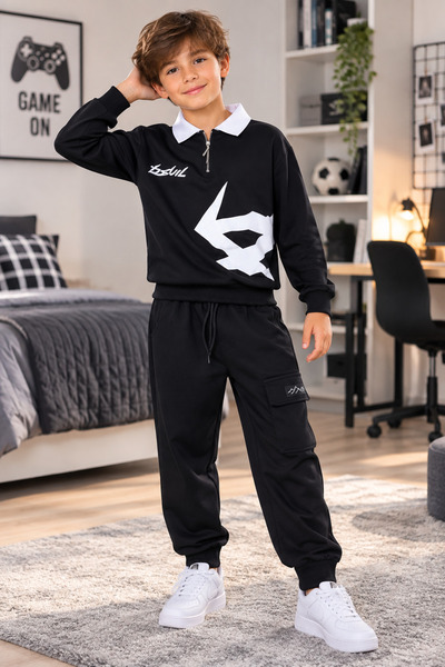 SERPİL Ss Gi̇yi̇m Boys' Black and White Printed 2-Piece Tracksuit Set – Colla...