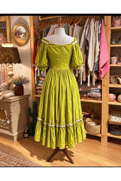 DİBA CONCEPT Pistachio Green Lace-Up Vintage Dress