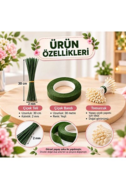 C&A&B KUZEY AVİZE Çiçek Yapım Seti – 10 Adet Çiçek Teli (30 cm) + 30 M Çiçek ...