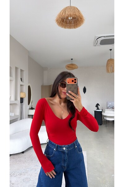 Buket Teke Kırmızı V Yaka Polyamid Bodysuit