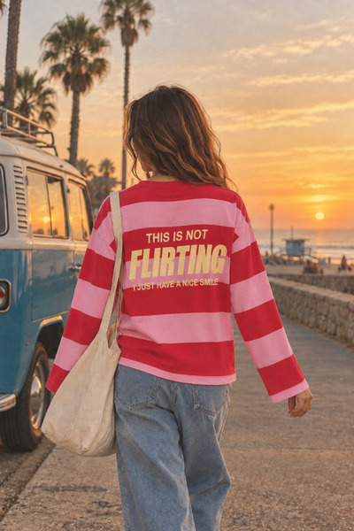 Miss Allos Women's 100% Cotton Pink Striped Long Sleeve Crew Neck Oversize T-...
