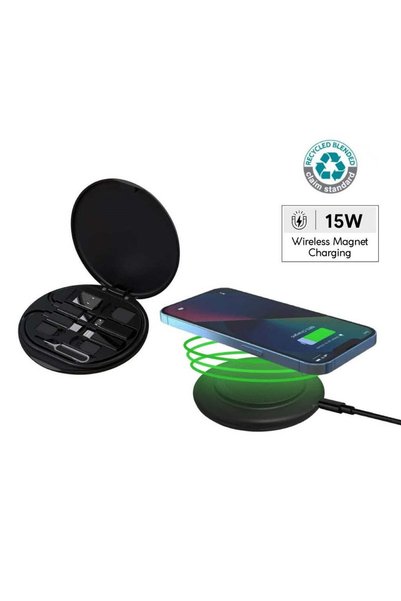 MAXPRINT Oslo Mag - Recycled 15W Magnetic Wireless Charger Multicable Set - B...