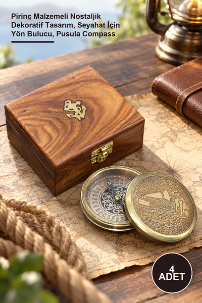 4 Adet Ahşap Kutulu Pirinç Pusula – Pirinç Malzemeli Nostaljik Dekoratif Tasarım, Seyahat İçin Yön Bulucu, Pusula Compass