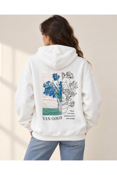 CANMODA Van Gogh Blue Iris Printed White Oversize Hoodie Sweatshirt