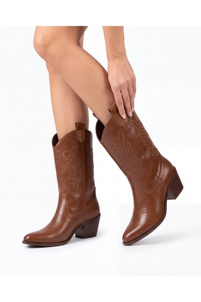 Tibu Ayakkabı Women's Tan Leather Embroidered Western Talia Cowboy Boots
