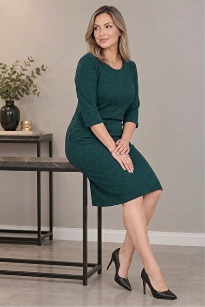sharin Women's Plus Size Winter Green Midi Length Crew Neck Pocket Dress 12m-2431