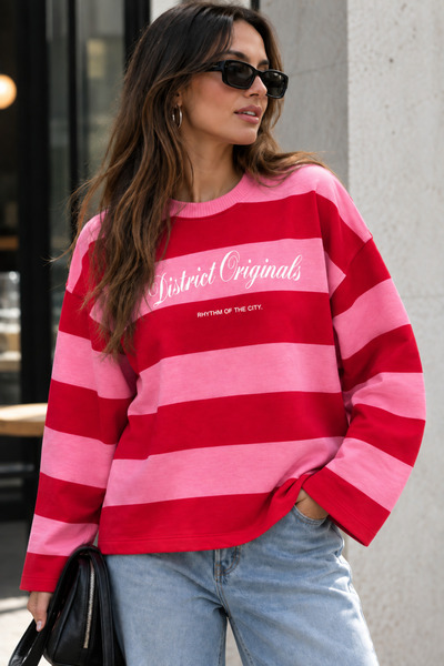 Miss Allos Kadın Pembe Kırmızı Çizgili Bisiklet Yaka Oversize Sweatshirt