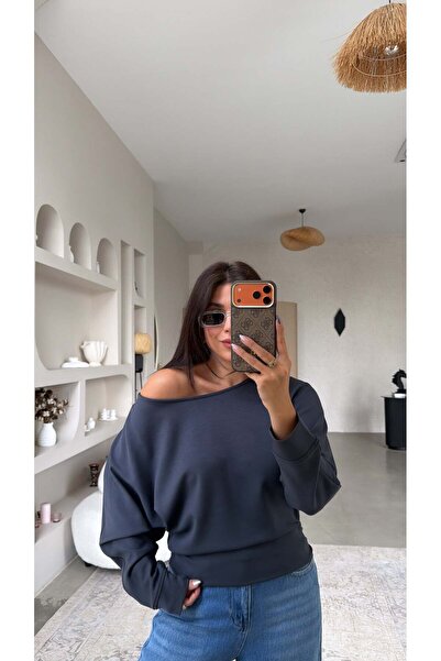 Buket Teke Anthracite Off-Shoulder Modal Sweatshirt