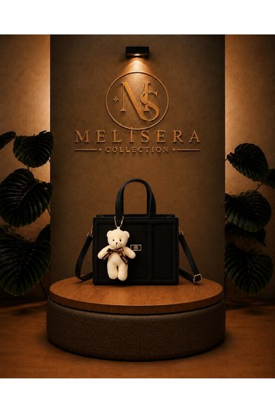 MELİSERA COLLECTION Kadın Siyah Süet Teddy Ayıcık Detaylı El ve Omuz Çantası