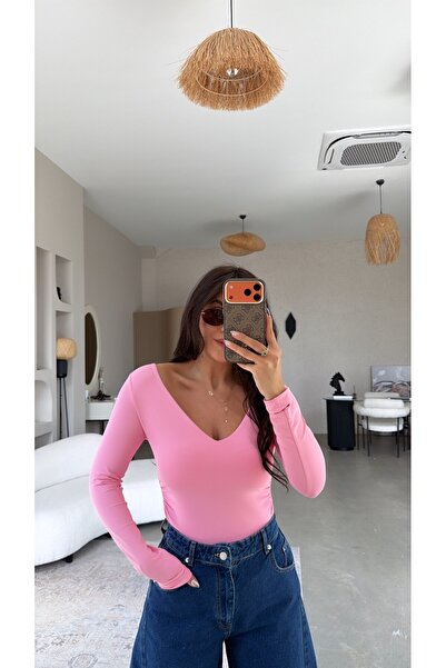 Buket Teke Pembe V Yaka Polyamid Bodysuit