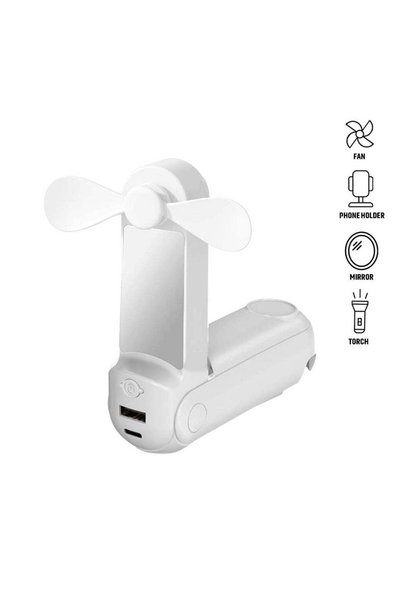 MAXPRINT Archie - 5-in-1 Powerbank Fan with Torch, Phone Holder & Mirror, White