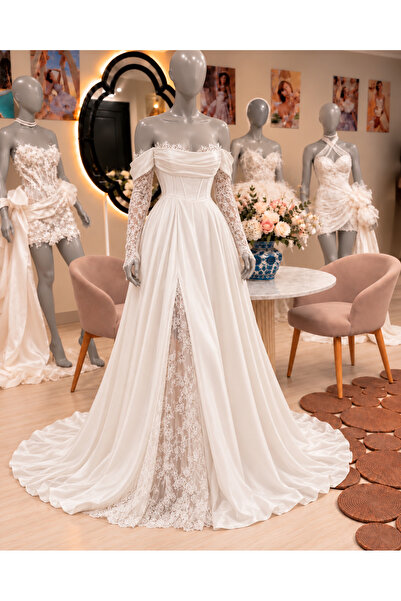 ABAD.HANDMADE Drape detaylı Bağcıklı Korsajlı Dantel Kollu Yırtmaç Detaylı A ...