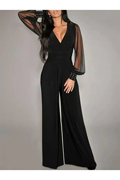 Generic Brand Women's Long Sleeve Double-Breasted Collar Viscose Jumpsuit wit...