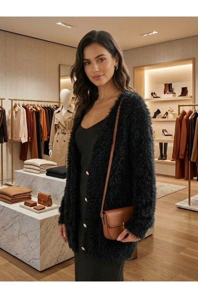 SERMEZ Black Women's Furry Knitwear Cardigan