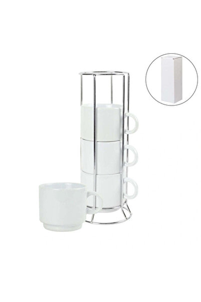 MAXPRINT Ceramic Coffee Cups Set 4Pcs in Silver Metal Rack