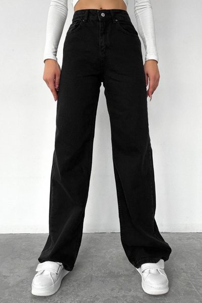 Mogi Butik Women's High Waist Washed Wide Leg Palazzo Jeans 3249 Anthracite
