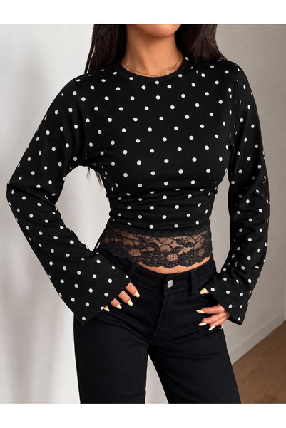 poswicon Black Polka Dot Spanish Long Sleeve Round Neck Lace Detailed Crop Blouse