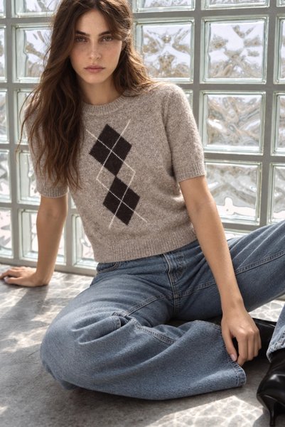 Asfaha Fashion Women's Diamond Patterned Short Sleeve Crew Neck Knitwear Sweater