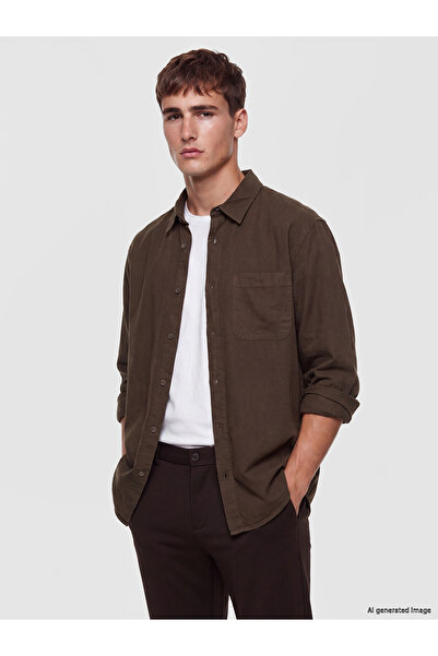 LC Waikiki Lcw Vision Brown Gabardine Plain Standard & Regular Men's Shirt wi...
