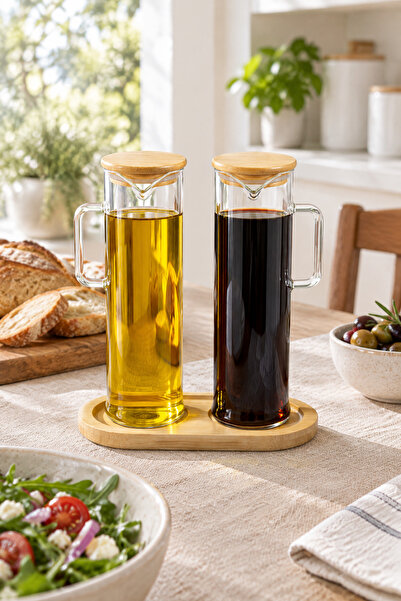 MAKRİ HOME 2'li Bambu Kapaklı Cam Yağdanlık Seti, Bambu Standlı, Kulplu Yağlı...