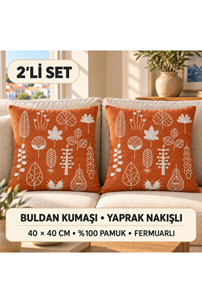 LiviaLoom Buldan Kumaşı Yaprak Nakışlı Dekoratif 2'li Kırlent Kılıfı 40x40 cm...