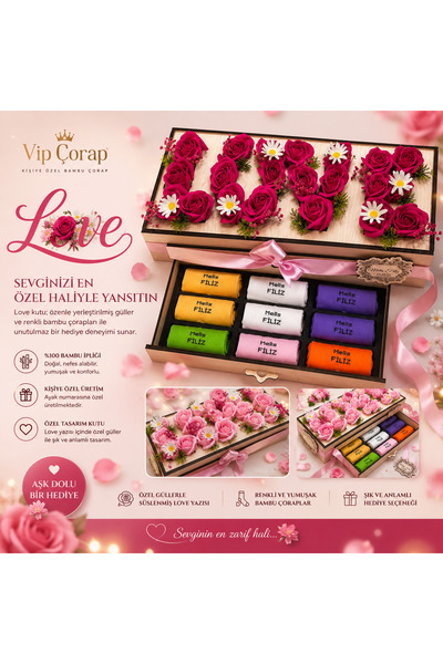 Kişiye Özel Love Hediye Kutusu | 9 Çift Çorap + Dekoratif Çiçek | Sevgiliye Romantik Hediye