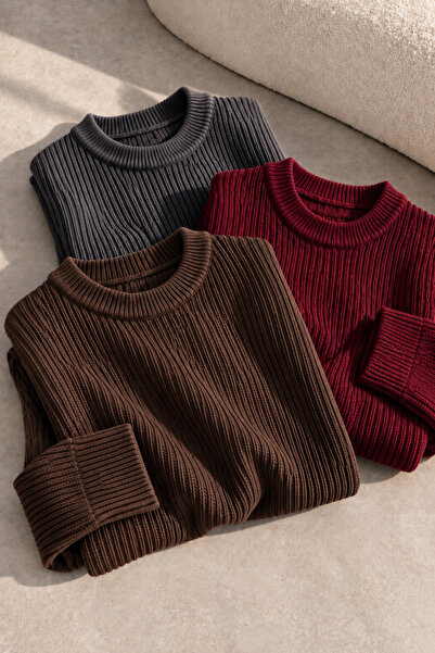 DepoExport Women's 3-Piece Crew Neck Oversize Knitwear Sweater Soft Knitted S...