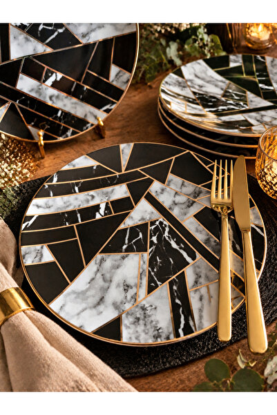 CASA DE BELLA Marble Patterned Gold Gilded Cake Plate for 6 People 20cm