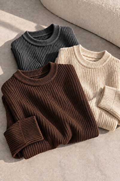 DepoExport Women's 3-Piece Crew Neck Oversize Knitwear Sweater Soft Knitted S...
