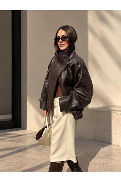 LADY SHOPPING AZELIA YSL & ZRA Dik Yaka Oversize Deri Ceket