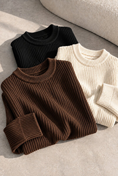 DepoExport Women's 3-Piece Crew Neck Oversize Knitwear Sweater Soft Knitted S...