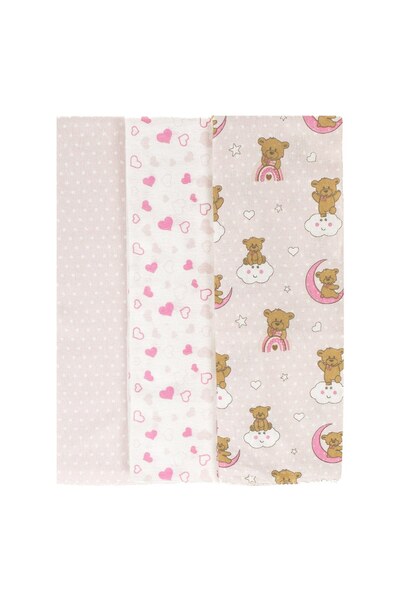 DD SHOP Set Cearceafuri Finet Roz Alb Model Ursulet Inimi Buline 80x80cm - 3buc