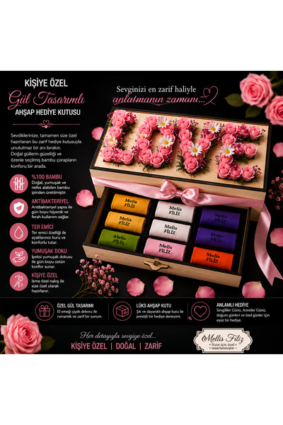 Kişiye Özel Love Hediye Kutusu | 9 Çift Çorap + Dekoratif Çiçek | Sevgiliye Romantik Hediye