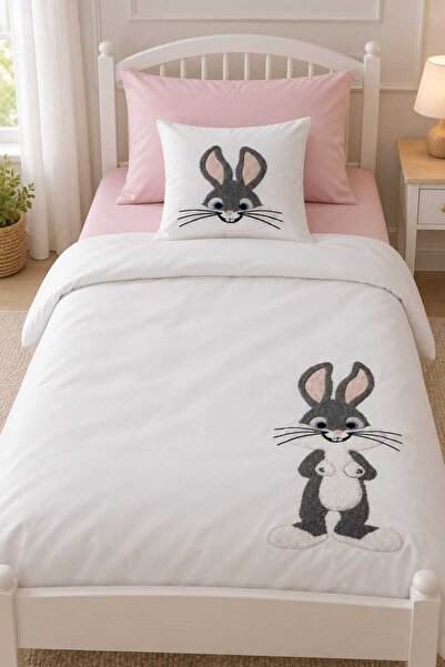İK TEKSTİL Rabbit Embroidered 100% Cotton 4-Piece Baby Duvet Cover Set