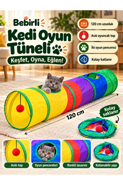 120 cm Düz Kedi Oyun Tüneli Katlanabilir Gökkuşağı Renkli Kumaş, Asılı Toplu ve Pencereli İnteraktif Kedi Oyuncağı, Yavru ve Yetişkin Kediler İçin Ev İçi Oyun, Saklanma, Keşif ve Eğlence Alanı