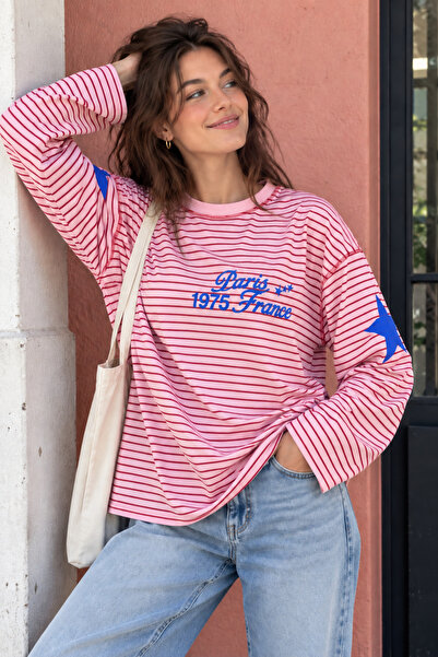 Miss Allos Women's 100% Cotton Pink Striped Oversize Long Sleeve T-Shirt