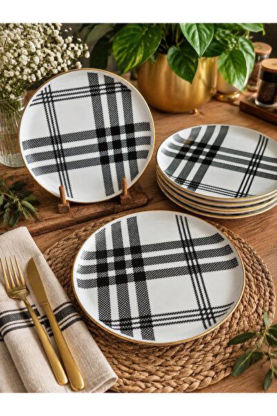 CASA DE BELLA Plaid Patterned Gold Gilded Cake Plate for 6 People 20cm