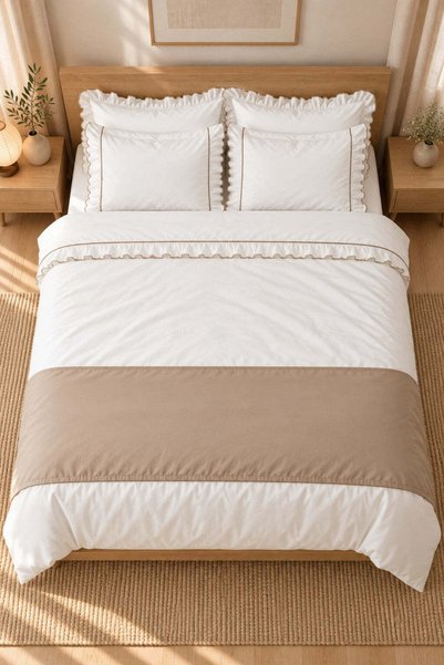 İK TEKSTİL Mirella 100% Cotton Ruffled Beige Piping Runner 7 Piece Double Duvet Cover Set